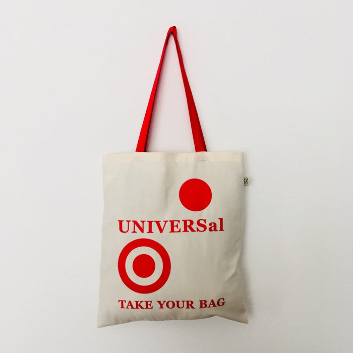 UNIVERSal Tote Bag – Organic Cotton - Fair Trade - beige bag with red handle - 38 x 42 cm