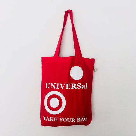 Red TAKE YOUR BAG with white UNIVERSAL design by TOMs FLOWer CLUB made of 100% organic cotton, EarthPositive® certified, various colours, Swiss designed, premium quality, world wide shipping.