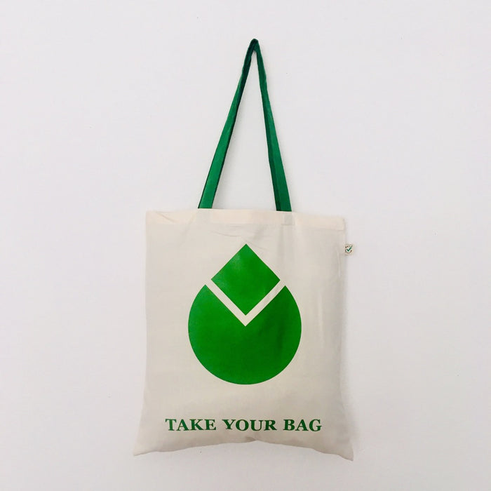 WATER DROP Tote Bag – Organic Cotton - Fair Trade - beige bag with green handle - 38 x 42 cm
