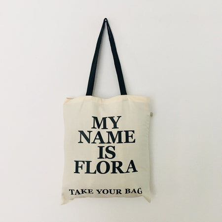 Organic cotton, certified cotton bags, Swiss design, TAKE YOUR BAG, TOMS FLOWER CLUB, Stofftasche, tote bag, shopping bag, Einkaufstasche, NEUTRAL, Certified Responsibility, EarthPositive, FAIRTRADE, my name is Flora