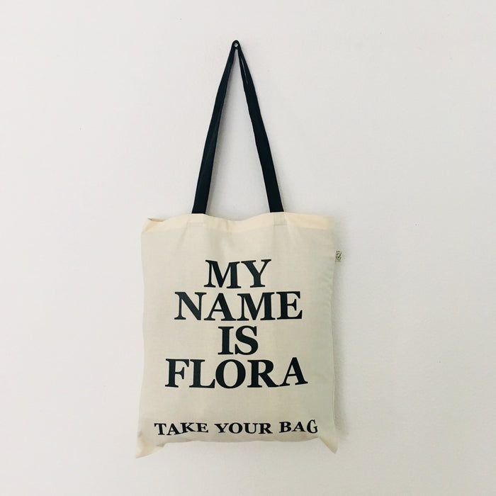 Organic cotton, certified cotton bags, Swiss design, TAKE YOUR BAG, TOMS FLOWER CLUB, Stofftasche, tote bag, shopping bag, Einkaufstasche, NEUTRAL, Certified Responsibility, EarthPositive, FAIRTRADE, my name is Flora