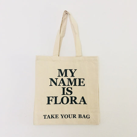 Organic cotton, certified cotton bags, Swiss design, TAKE YOUR BAG, TOMS FLOWER CLUB, Stofftasche, tote bag, shopping bag, Einkaufstasche, NEUTRAL, Certified Responsibility, EarthPositive, FAIRTRADE, my name is Flora