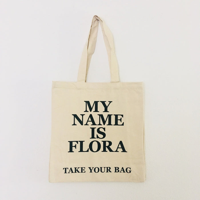 Organic cotton, certified cotton bags, Swiss design, TAKE YOUR BAG, TOMS FLOWER CLUB, Stofftasche, tote bag, shopping bag, Einkaufstasche, NEUTRAL, Certified Responsibility, EarthPositive, FAIRTRADE, my name is Flora