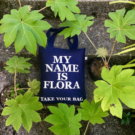 Organic cotton, certified cotton bags, Swiss design, TAKE YOUR BAG, TOMS FLOWER CLUB, Stofftasche, tote bag, shopping bag, Einkaufstasche, NEUTRAL, Certified Responsibility, EarthPositive, FAIRTRADE, my name is Flora