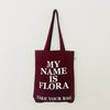 Organic cotton, certified cotton bags, Swiss design, TAKE YOUR BAG, TOMS FLOWER CLUB, Stofftasche, tote bag, shopping bag, Einkaufstasche, NEUTRAL, Certified Responsibility, EarthPositive, FAIRTRADE, my name is Flora