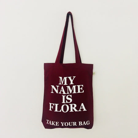 Organic cotton, certified cotton bags, Swiss design, TAKE YOUR BAG, TOMS FLOWER CLUB, Stofftasche, tote bag, shopping bag, Einkaufstasche, NEUTRAL, Certified Responsibility, EarthPositive, FAIRTRADE, my name is Flora