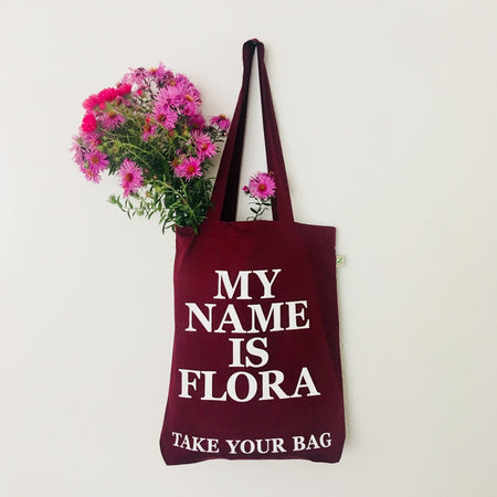 Organic cotton, certified cotton bags, Swiss design, TAKE YOUR BAG, TOMS FLOWER CLUB, Stofftasche, tote bag, shopping bag, Einkaufstasche, NEUTRAL, Certified Responsibility, EarthPositive, FAIRTRADE, my name is Flora