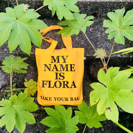 Organic cotton, certified cotton bags, Swiss design, TAKE YOUR BAG, TOMS FLOWER CLUB, Stofftasche, tote bag, shopping bag, Einkaufstasche, NEUTRAL, Certified Responsibility, EarthPositive, FAIRTRADE, my name is Flora