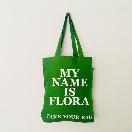 Organic cotton, certified cotton bags, Swiss design, TAKE YOUR BAG, TOMS FLOWER CLUB, Stofftasche, tote bag, shopping bag, Einkaufstasche, NEUTRAL, Certified Responsibility, EarthPositive, FAIRTRADE, my name is Flora