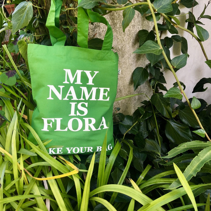 Organic cotton, certified cotton bags, Swiss design, TAKE YOUR BAG, TOMS FLOWER CLUB, Stofftasche, tote bag, shopping bag, Einkaufstasche, NEUTRAL, Certified Responsibility, EarthPositive, FAIRTRADE, my name is Flora