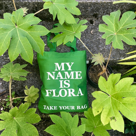 Organic cotton, certified cotton bags, Swiss design, TAKE YOUR BAG, TOMS FLOWER CLUB, Stofftasche, tote bag, shopping bag, Einkaufstasche, NEUTRAL, Certified Responsibility, EarthPositive, FAIRTRADE, my name is Flora