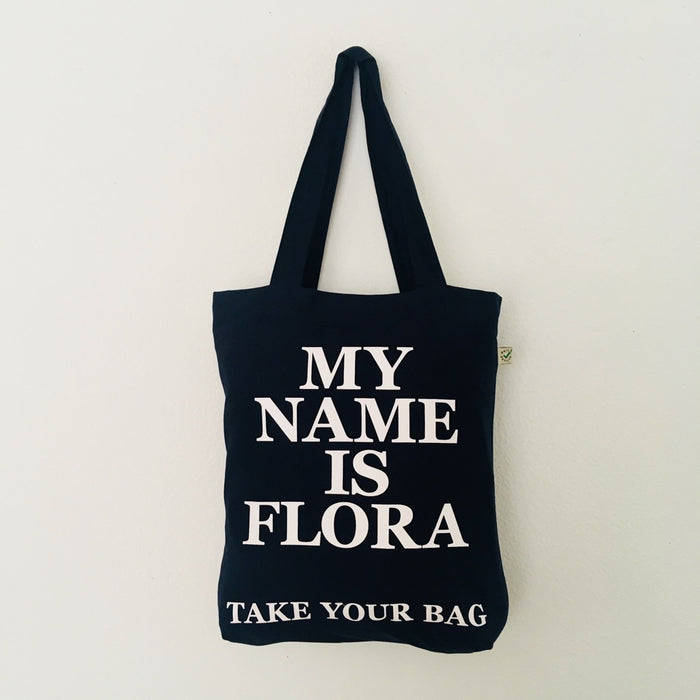 Organic cotton, certified cotton bags, Swiss design, TAKE YOUR BAG, TOMS FLOWER CLUB, Stofftasche, tote bag, shopping bag, Einkaufstasche, NEUTRAL, Certified Responsibility, EarthPositive, FAIRTRADE, my name is Flora