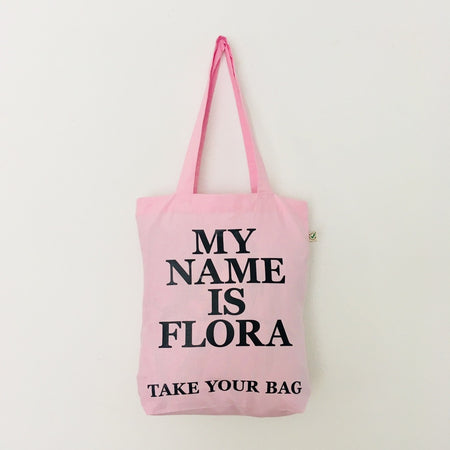 Organic cotton, certified cotton bags, Swiss design, TAKE YOUR BAG, TOMS FLOWER CLUB, Stofftasche, tote bag, shopping bag, Einkaufstasche, NEUTRAL, Certified Responsibility, EarthPositive, FAIRTRADE, my name is Flora