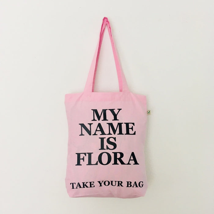 Organic cotton, certified cotton bags, Swiss design, TAKE YOUR BAG, TOMS FLOWER CLUB, Stofftasche, tote bag, shopping bag, Einkaufstasche, NEUTRAL, Certified Responsibility, EarthPositive, FAIRTRADE, my name is Flora