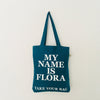 Organic cotton, certified cotton bags, Swiss design, TAKE YOUR BAG, TOMS FLOWER CLUB, Stofftasche, tote bag, shopping bag, Einkaufstasche, NEUTRAL, Certified Responsibility, EarthPositive, FAIRTRADE, my name is Flora
