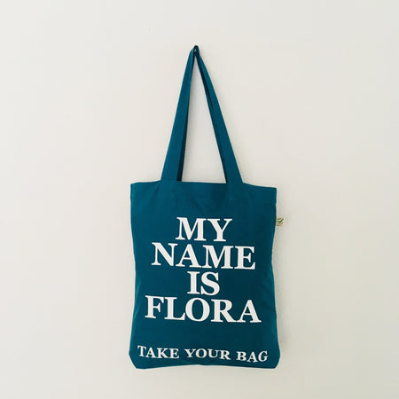 Organic cotton, certified cotton bags, Swiss design, TAKE YOUR BAG, TOMS FLOWER CLUB, Stofftasche, tote bag, shopping bag, Einkaufstasche, NEUTRAL, Certified Responsibility, EarthPositive, FAIRTRADE, my name is Flora