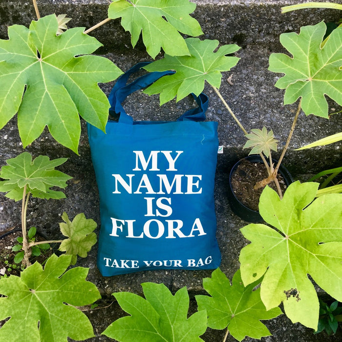 Organic cotton, certified cotton bags, Swiss design, TAKE YOUR BAG, TOMS FLOWER CLUB, Stofftasche, tote bag, shopping bag, Einkaufstasche, NEUTRAL, Certified Responsibility, EarthPositive, FAIRTRADE, my name is Flora